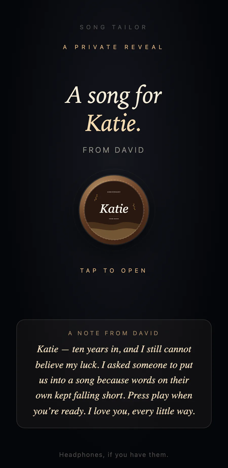 A Premium Keepsake reveal page: “A song for Katie, from David”, with a tap-to-open cover and a personal note.