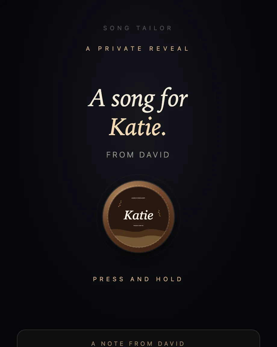 A Song Tailor reveal page — “A song for Katie, from David”